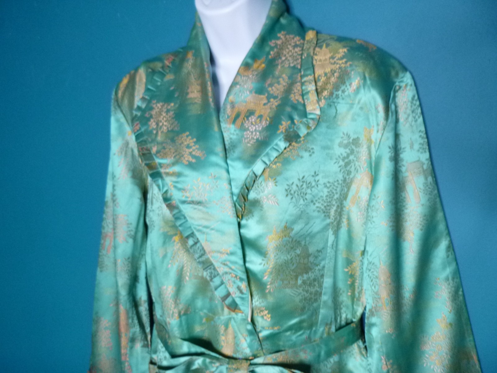 Vtg 40s 50s Aqua & Gold Satin Brocade Robe Dressing Gown Asian Motif Sz S/M