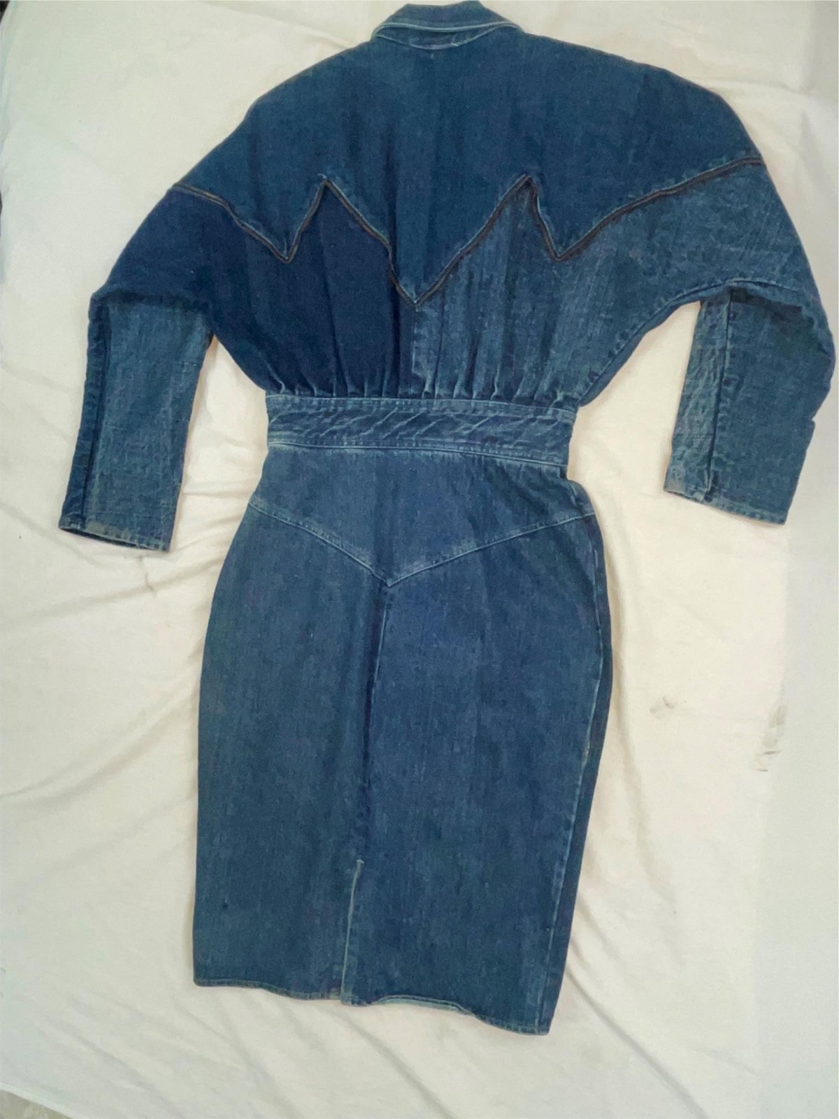 VTG 80S RETRO WOMENS 7/8 S DARK DENIM JEAN ZIPPER TRIM NEW WAVE BUTTON ZIP DRESS