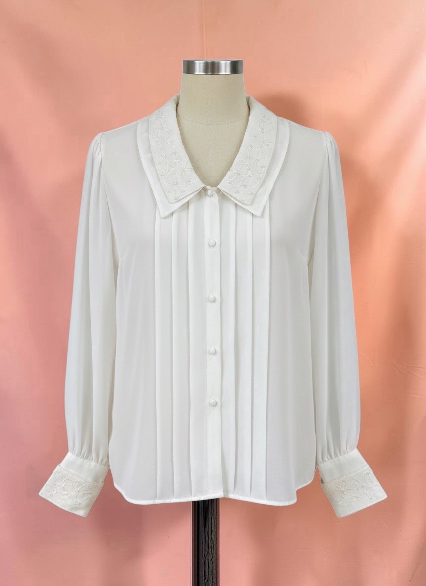 Vintage 80s White Secretary Blouse Embroidered Pintuck Pleated Victorian Sz 10