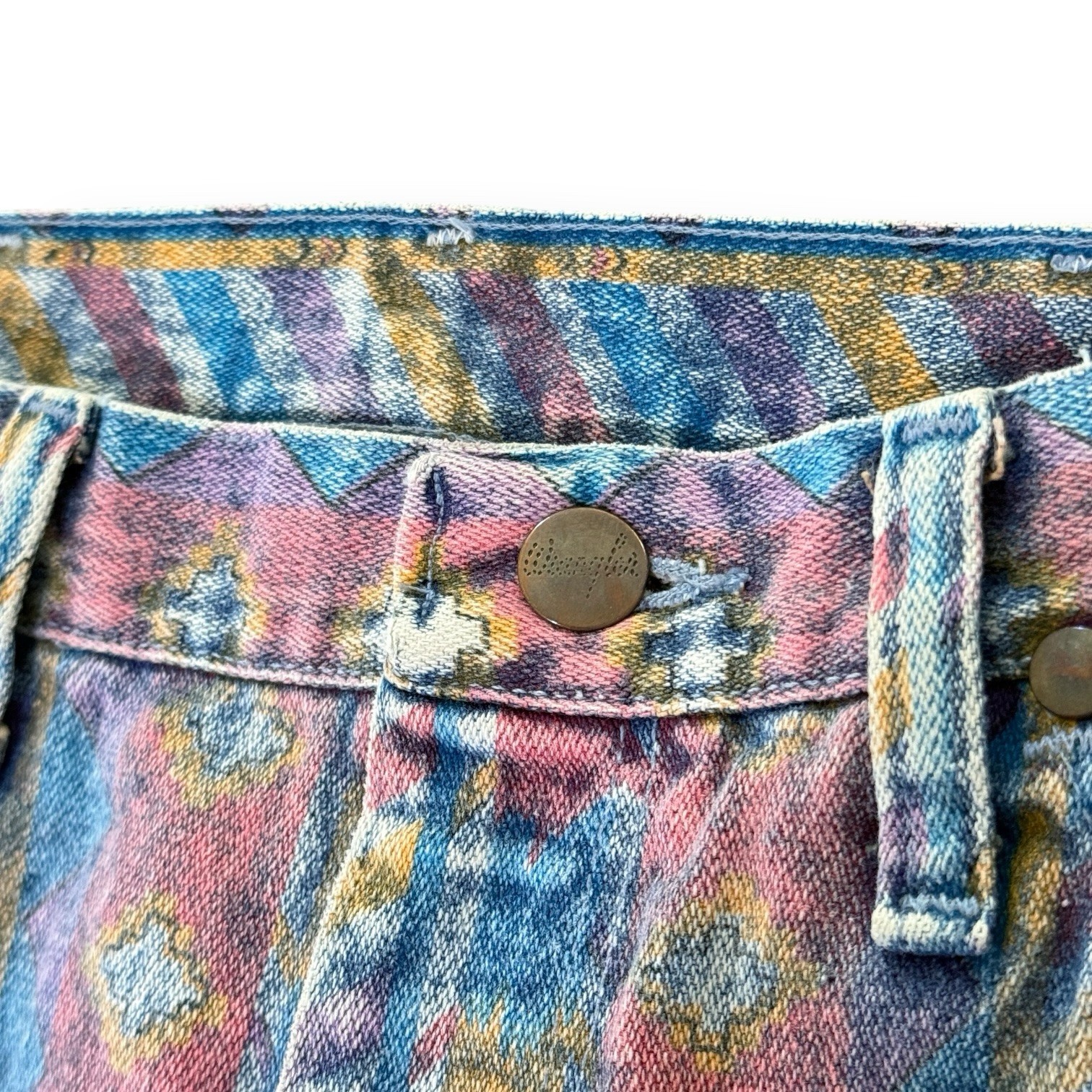 Vintage 80s Wrangler Aztec Print Jeans 14MWTZR Size 11 27×32 Made USA High Rise