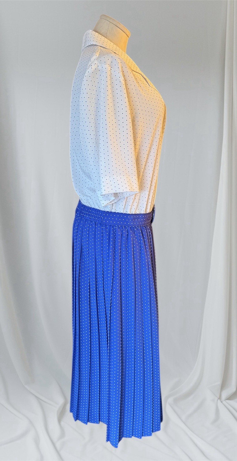Vintage Leslie Fay Women’s Dress 16 WP Petite Blue White Dots Pleated 80s 90s