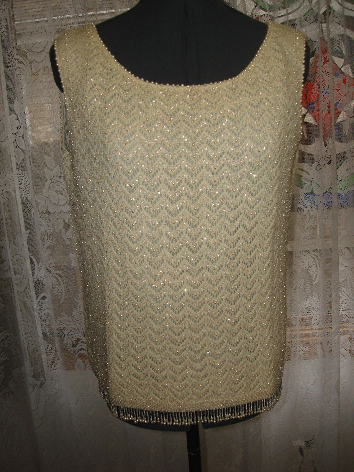 Vtg 60’s Hand Beaded For CYN LES Sequin Wool Lining Sleeveless Sweater Top 40/M