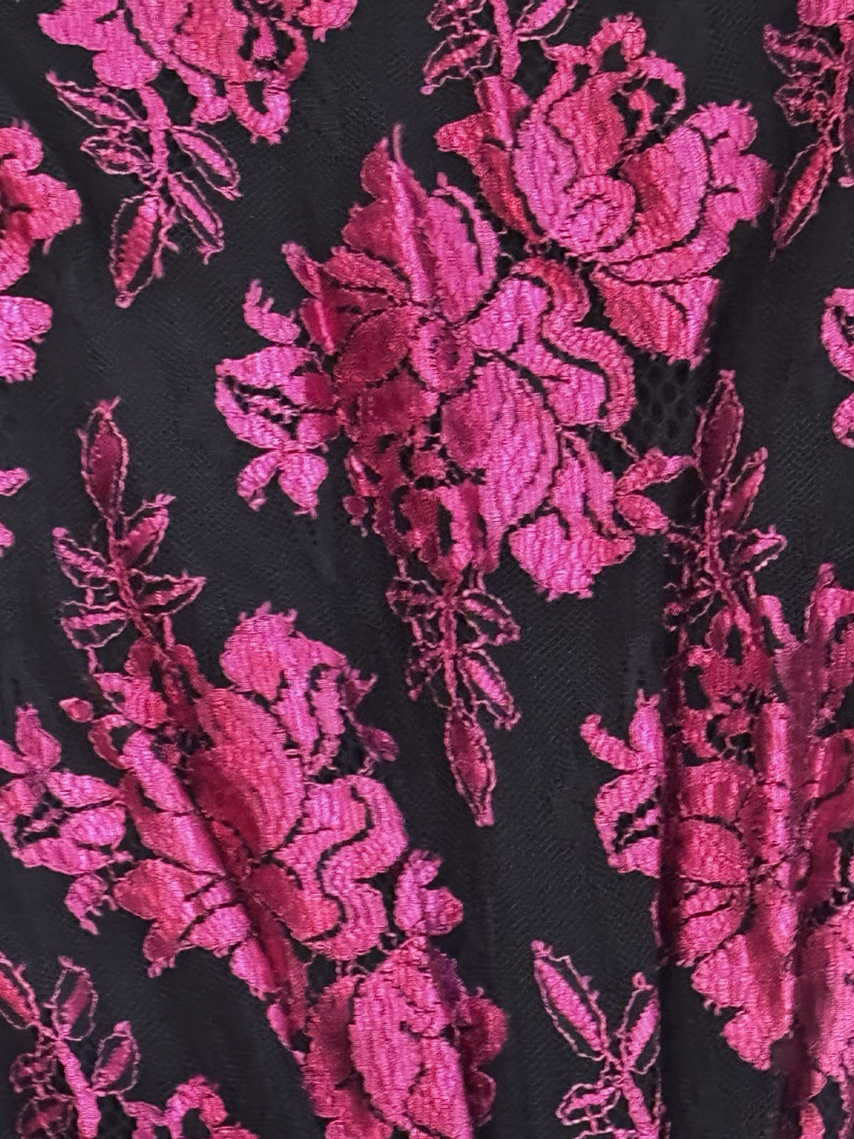 VTG Jill Richards French Lace Gown Dress Pink Midi Black 80s Ruched Size 6 8