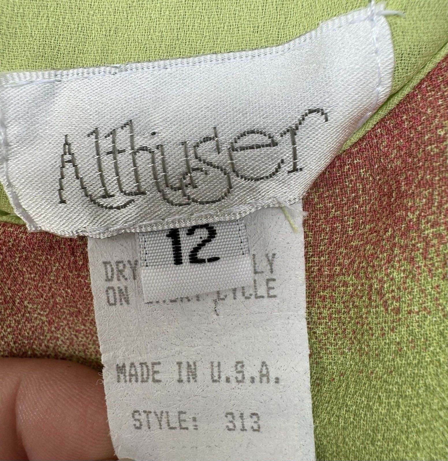 VTG Althuser Dress Viscose Green Pink Ruffled Bottom Batik Zipper Lined Sz 12