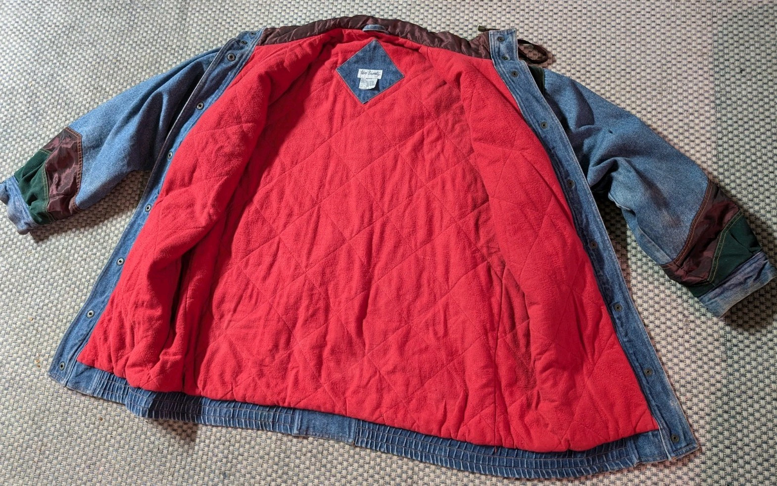 Vintage 90s Two Twenty Women’s Blue Denim Patchwork Winter Lined Jacket Medium