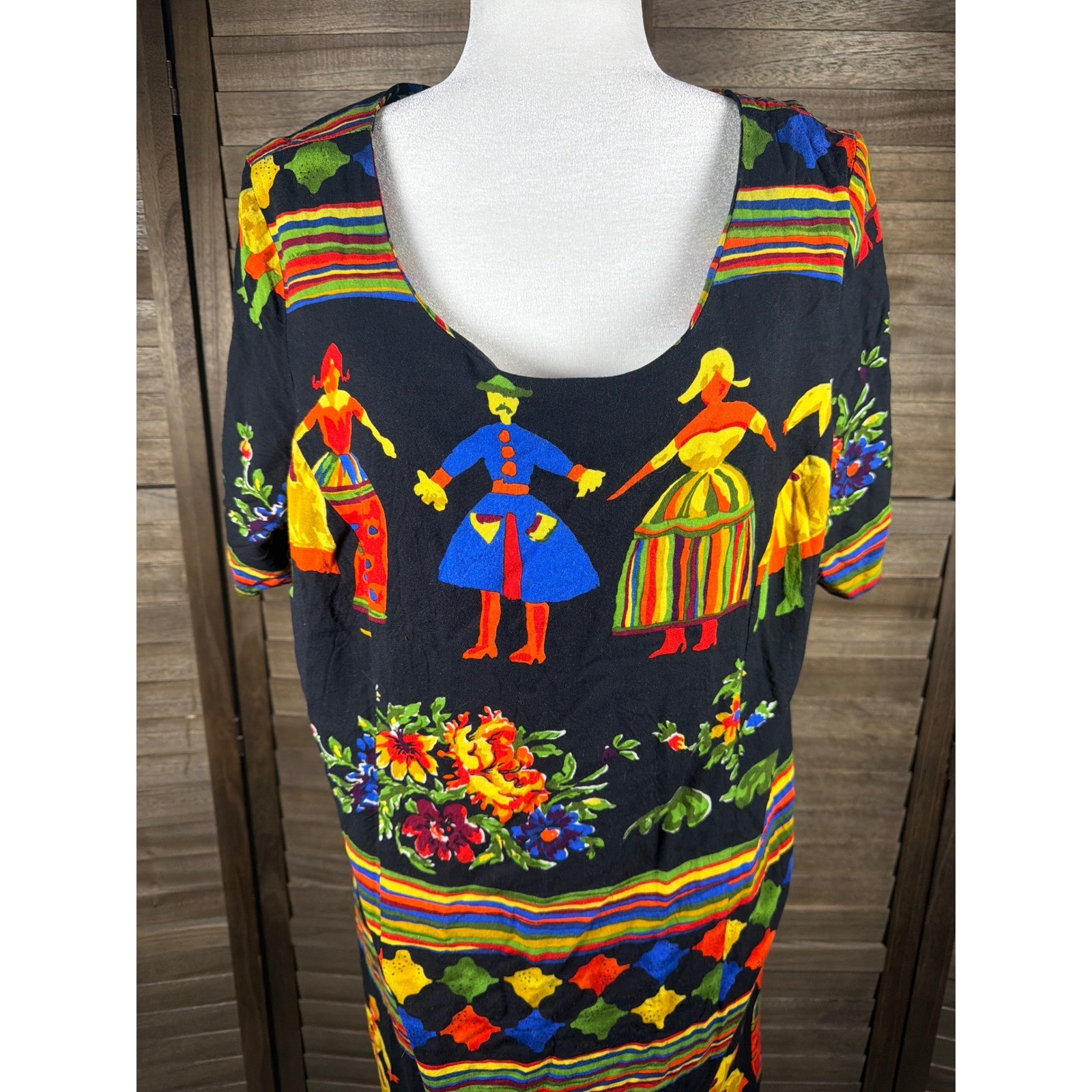 WNY Vintage Folk Art Novelty Print Midi Dress Black Multi Color Women Size 18