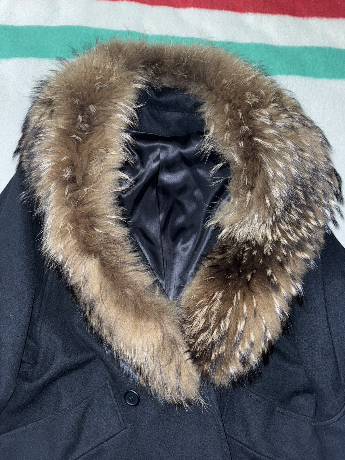 Vintage Gemini Black Full Length Wool Coat Jacket Finncoon Raccoon Fur Collar XL