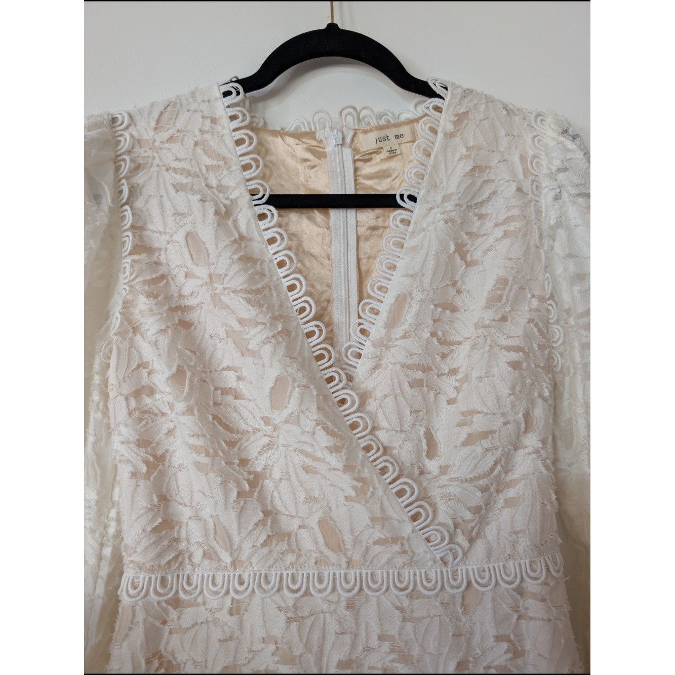 Ivory Lace Long Sleeve V-Neck Mini Dress Sz S Bachelorette Bridal Shower Wedding