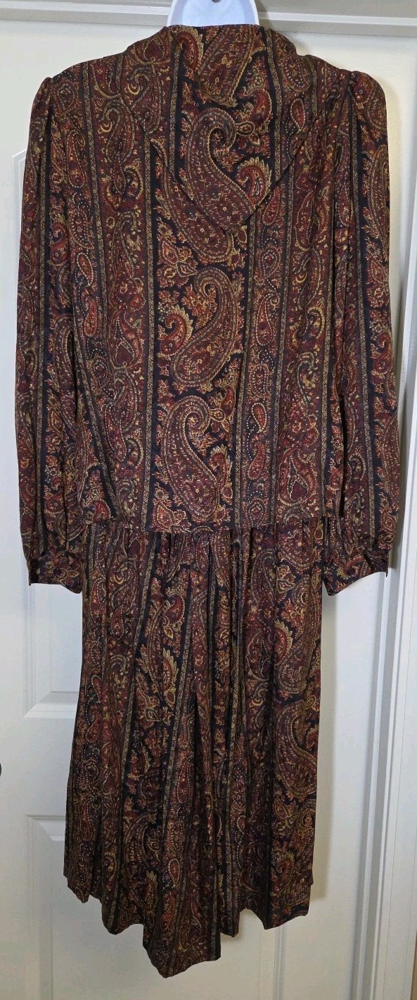 Vtg O By Oscar De La Renta 100% Silk Paisley Tie Neck Dress Skirt Blouse Set