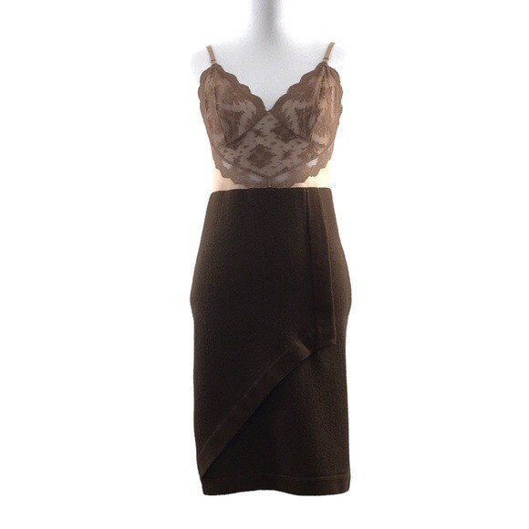 Vasarette Vintage Brown Knit Tan Lace Dress 34 Lingerie Underneath it All Slip