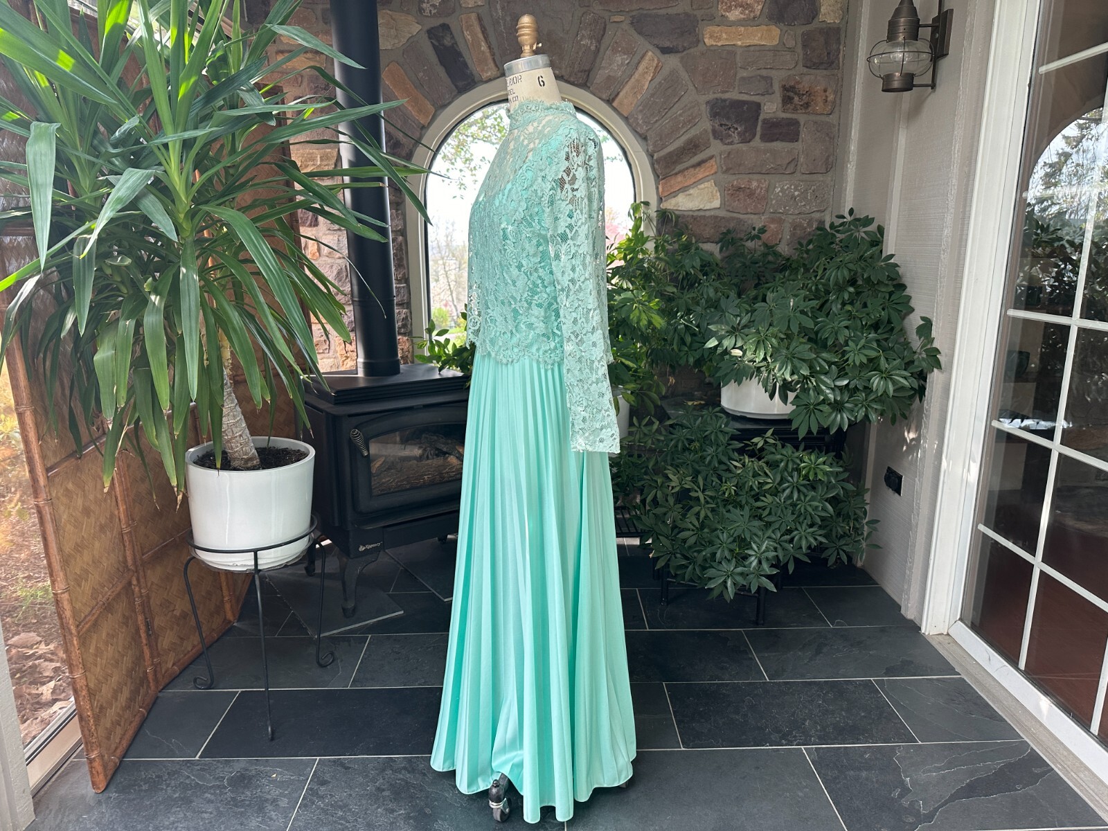 Vintage 1970s Goddess Mint Green Pleated Knit Evening Dress with Lace Jacket