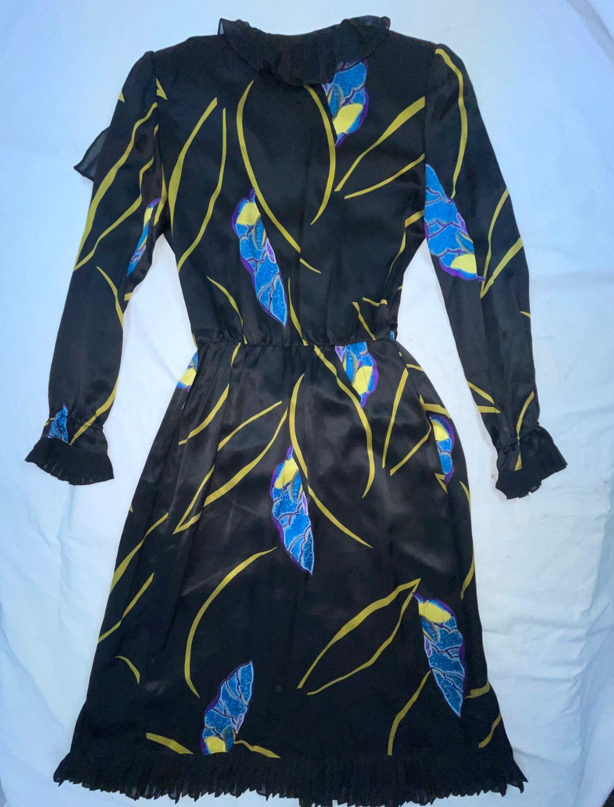 VTG 60s 70s WOMENS XS BLACK SATIN ASIAN FLORAL PRINT PARTY COCKTAIL DRESS