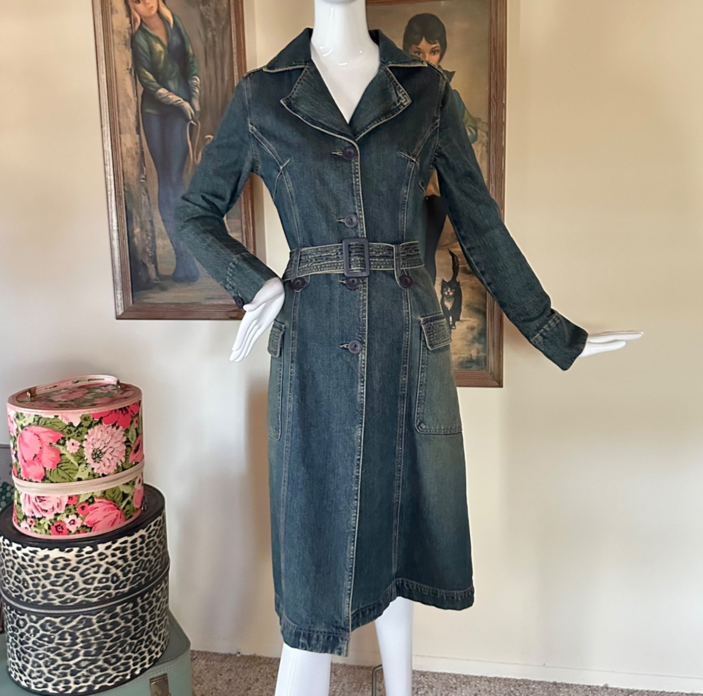 Vintage 90s Denim Trench Coat Grunge Spy Girl S