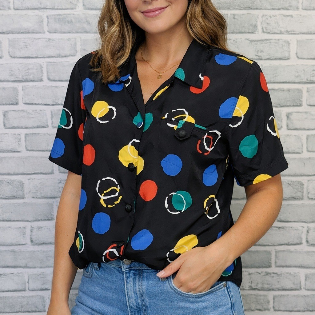 Vintage 80s 90s Christie & Jill Polka Dot Abstract Blouse Black Silk Look Sz S
