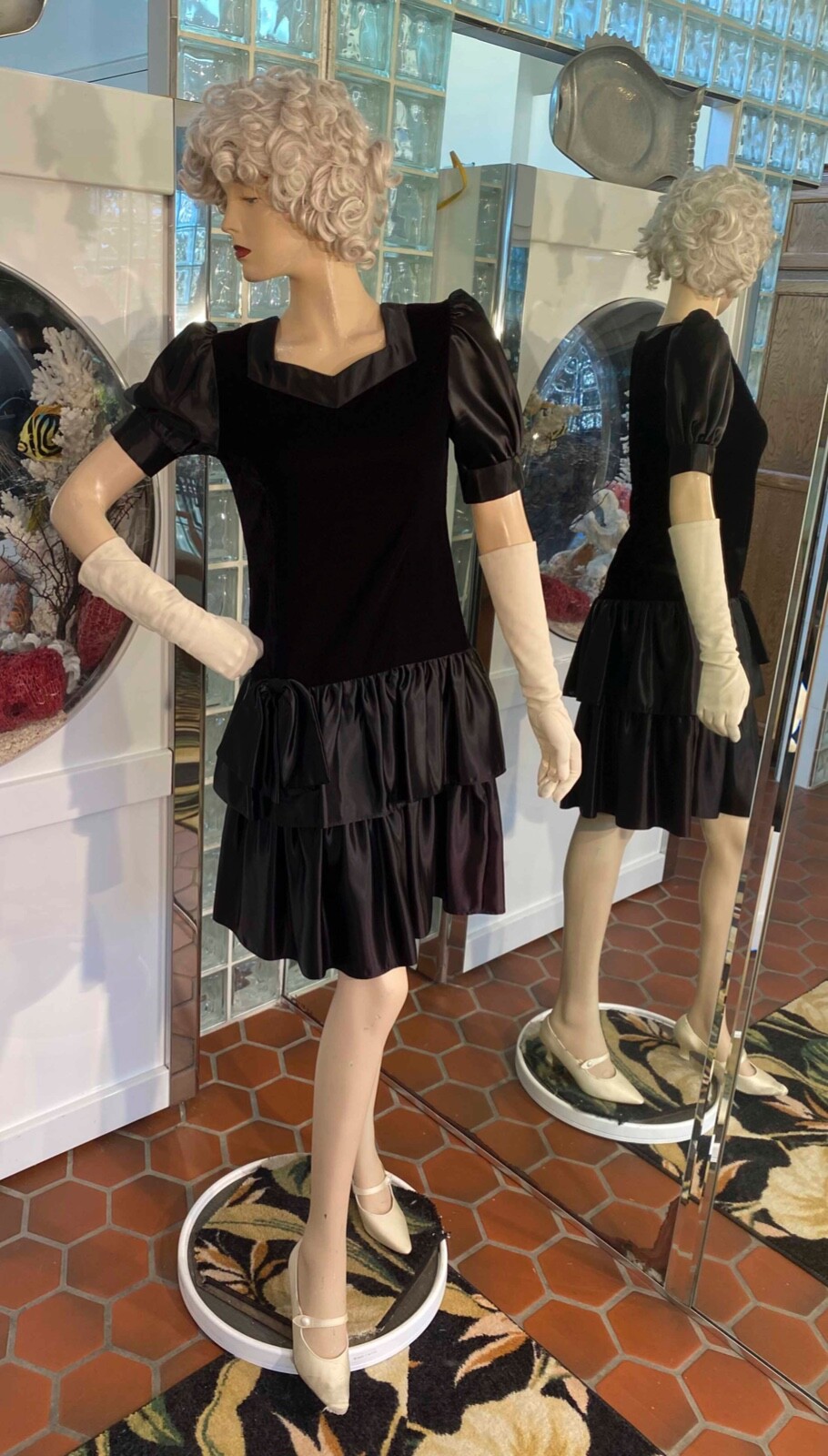 VTG 80 Dress Satin PUFF Black Velvet Ruffle layer hem Prom Formal Holiday XSP