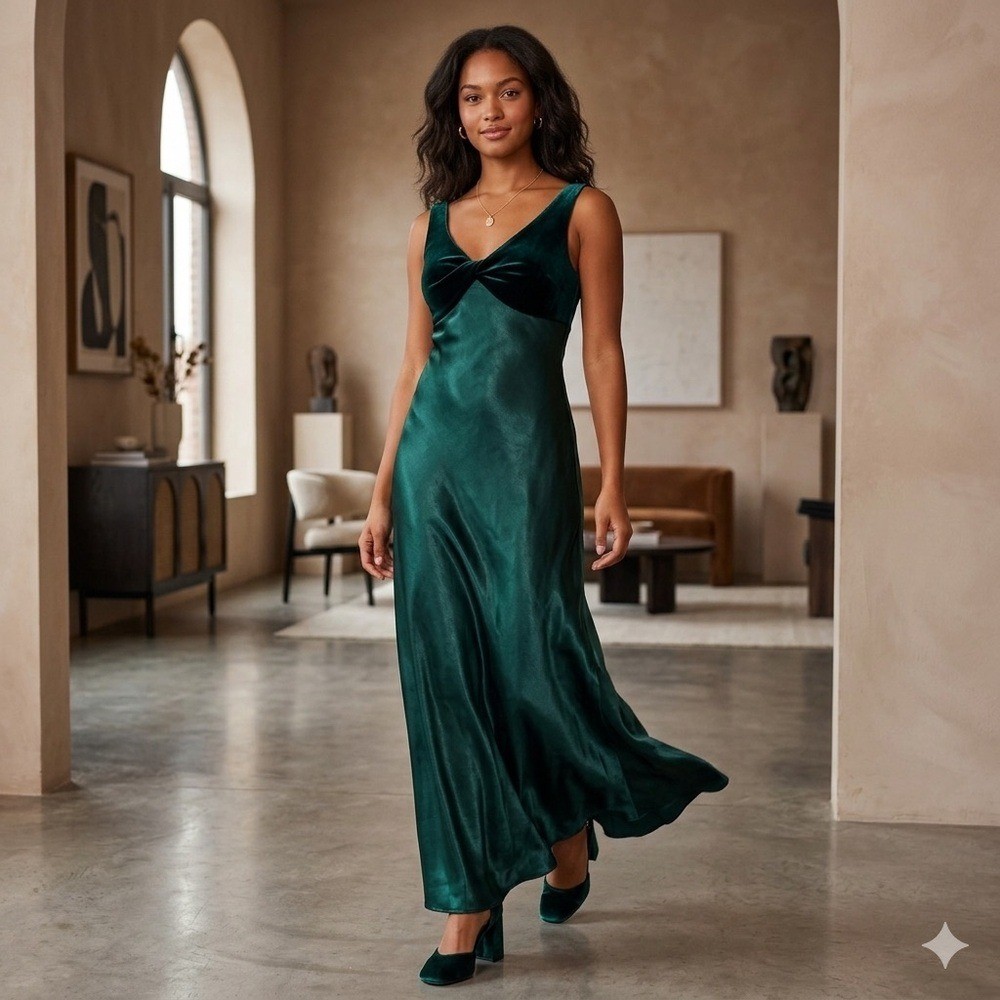 Vintage 90s Y2K Niki Livas Green Velvet and Satin Prom Gown Dress Size 8