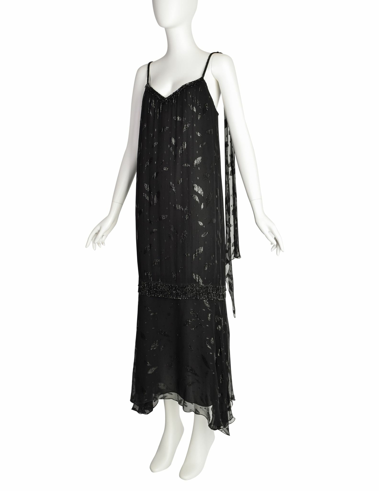 Holly’s Harp Vintage 1980s Black Silk Chiffon Metallic Leaf Jacquard Beaded Frin