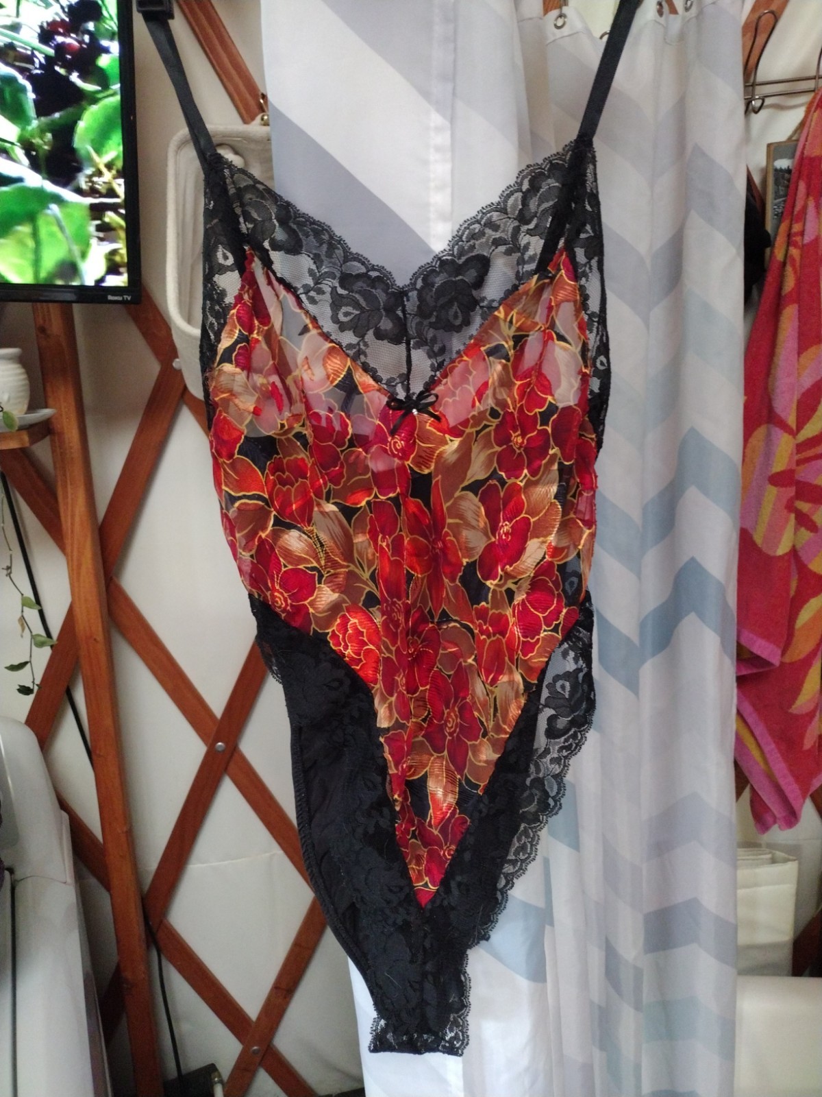 Shirley of Hollywood Vintage S/M Black & Red Floral Teddy/One-Piece Lingerie