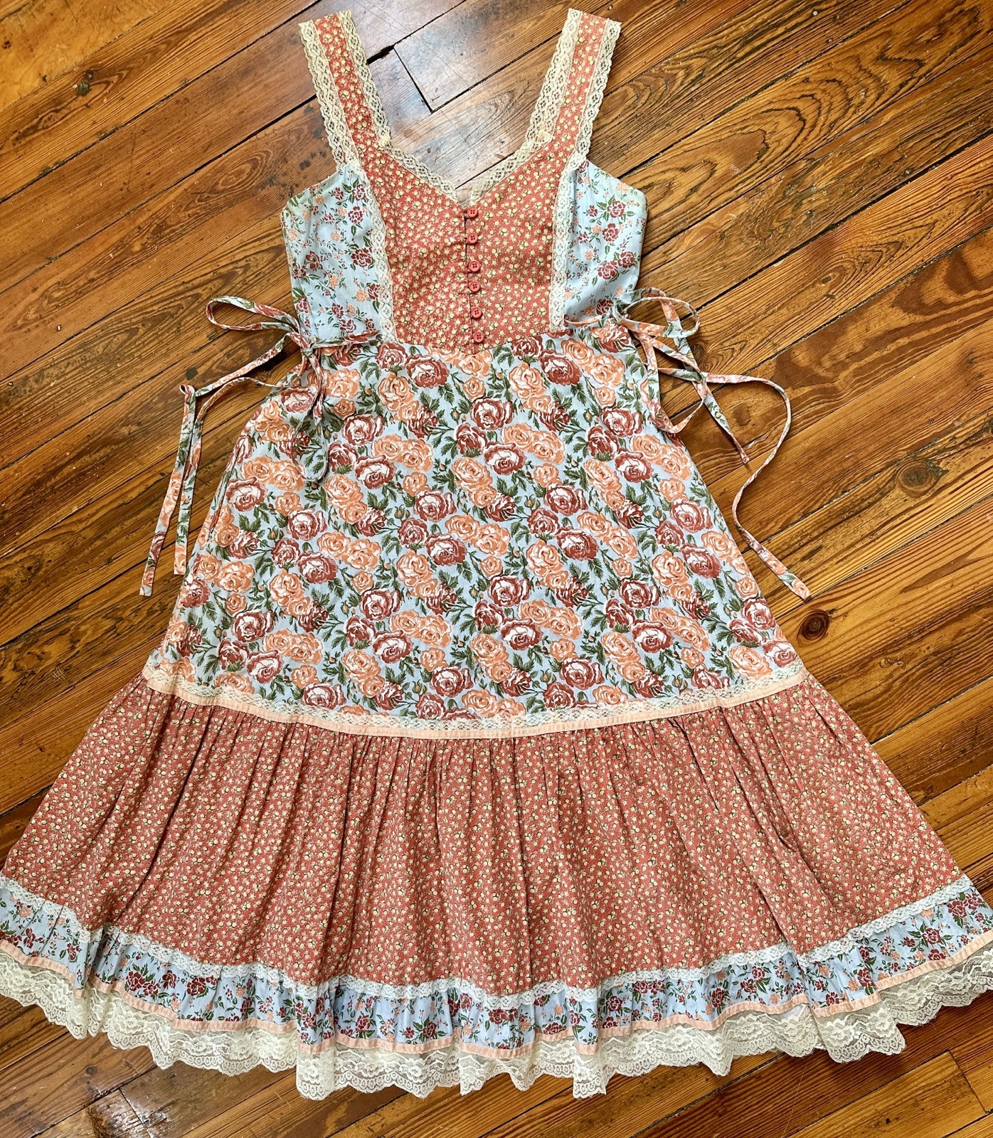 SALE Homespun Brand Vintage 1970s Dress 13 Orange Midi Calico Sundress Prairie