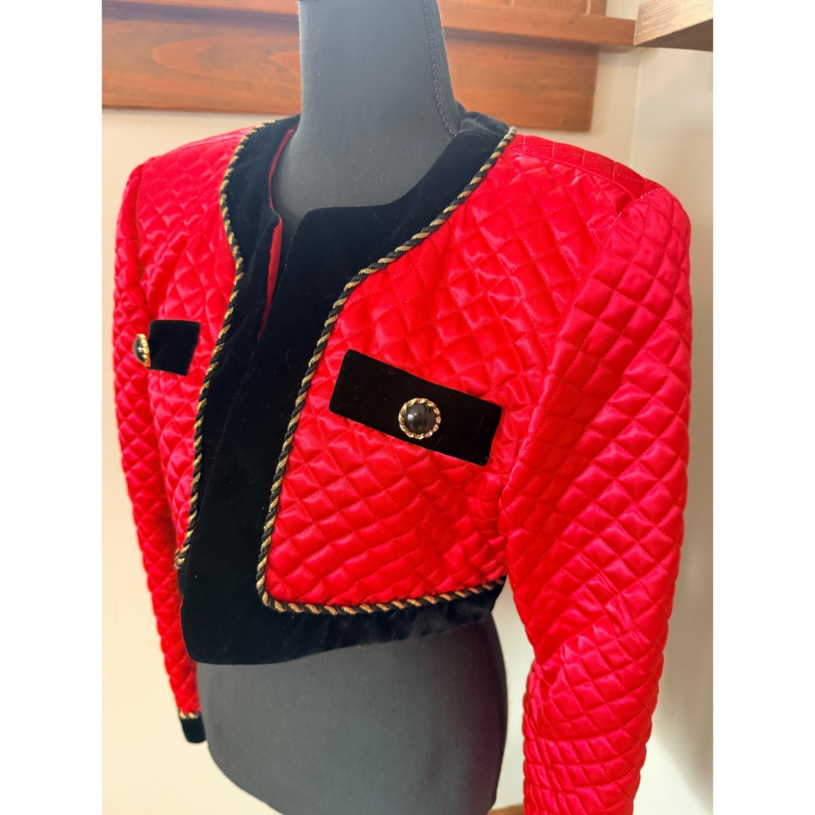 Vintage 80s Karen Lucas for Niki Red Quilted Velvet Trim Cropped Jacket Size M/L