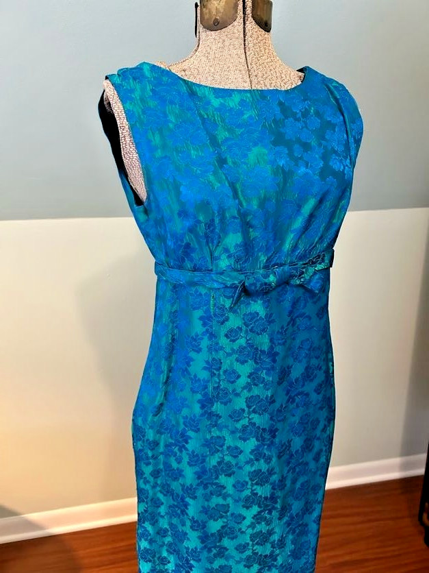 Vintage 1960s Teal Aqua Green Shimmery Damask Brocade Cocktail Party Dress Sm