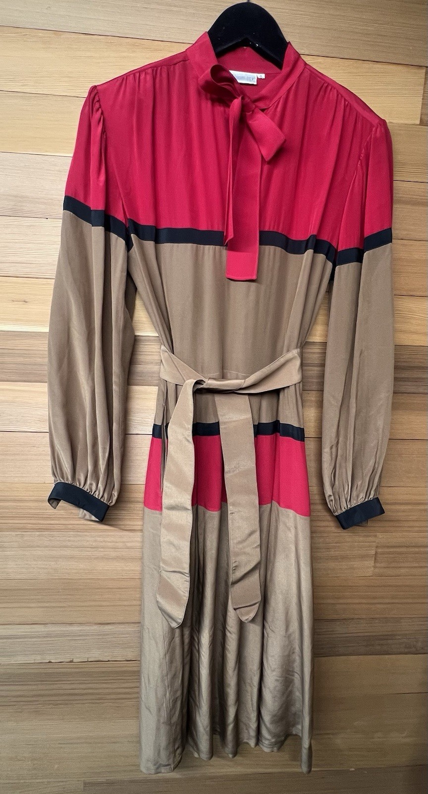 Vintage Color block Silk Secretary Dress Tomato Red Khaki Brown Black