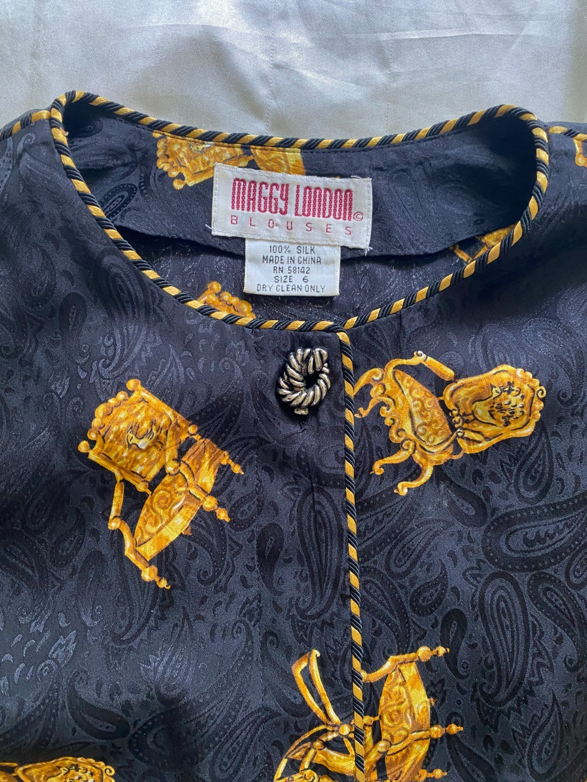 Vintage 1990s 100% Silk Baroque Chair Black Gold Novelty Blouse Size 6