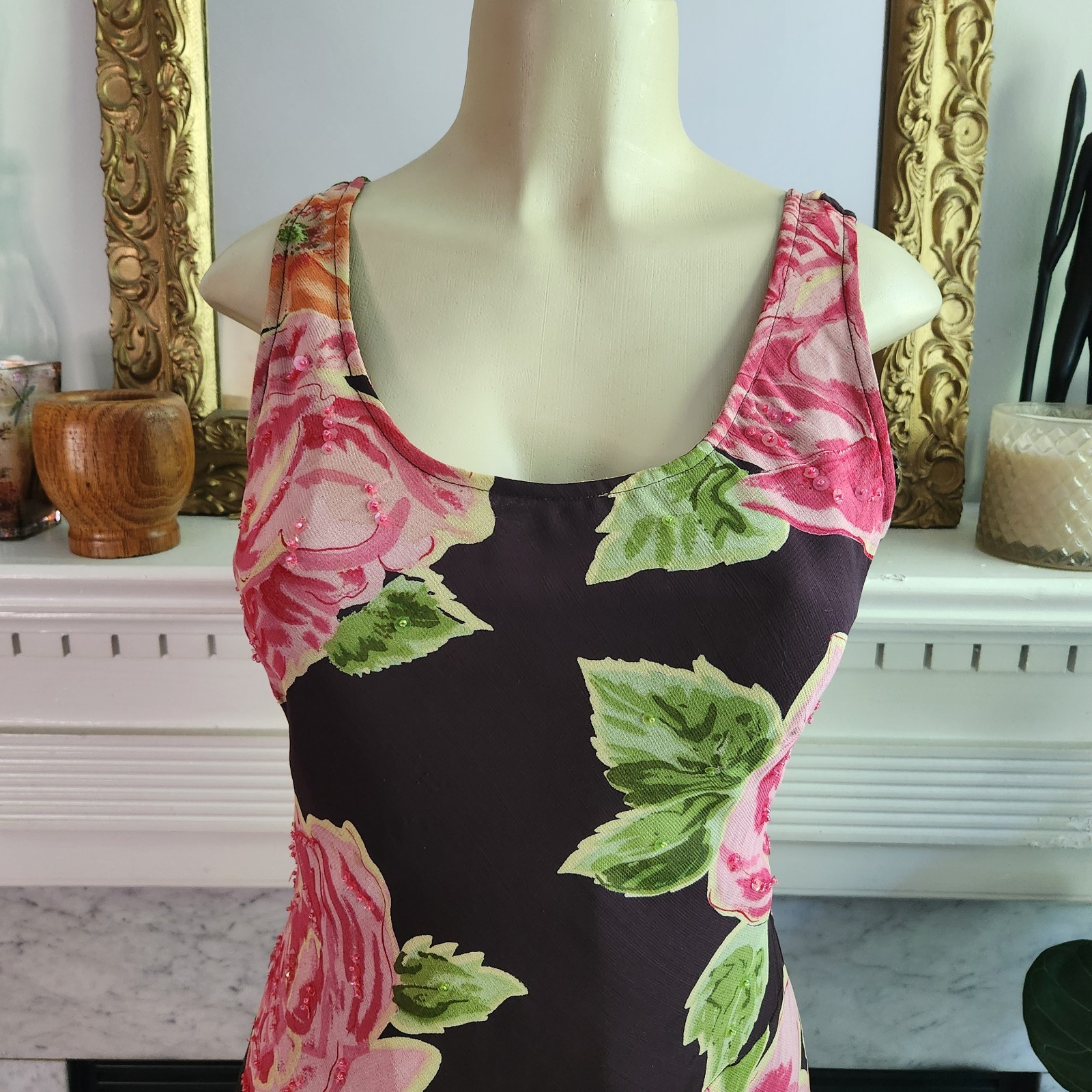 Vintage Y2K Brown Floral Tank Dress Pink Maxi Sequin Romantic Boho Size Large
