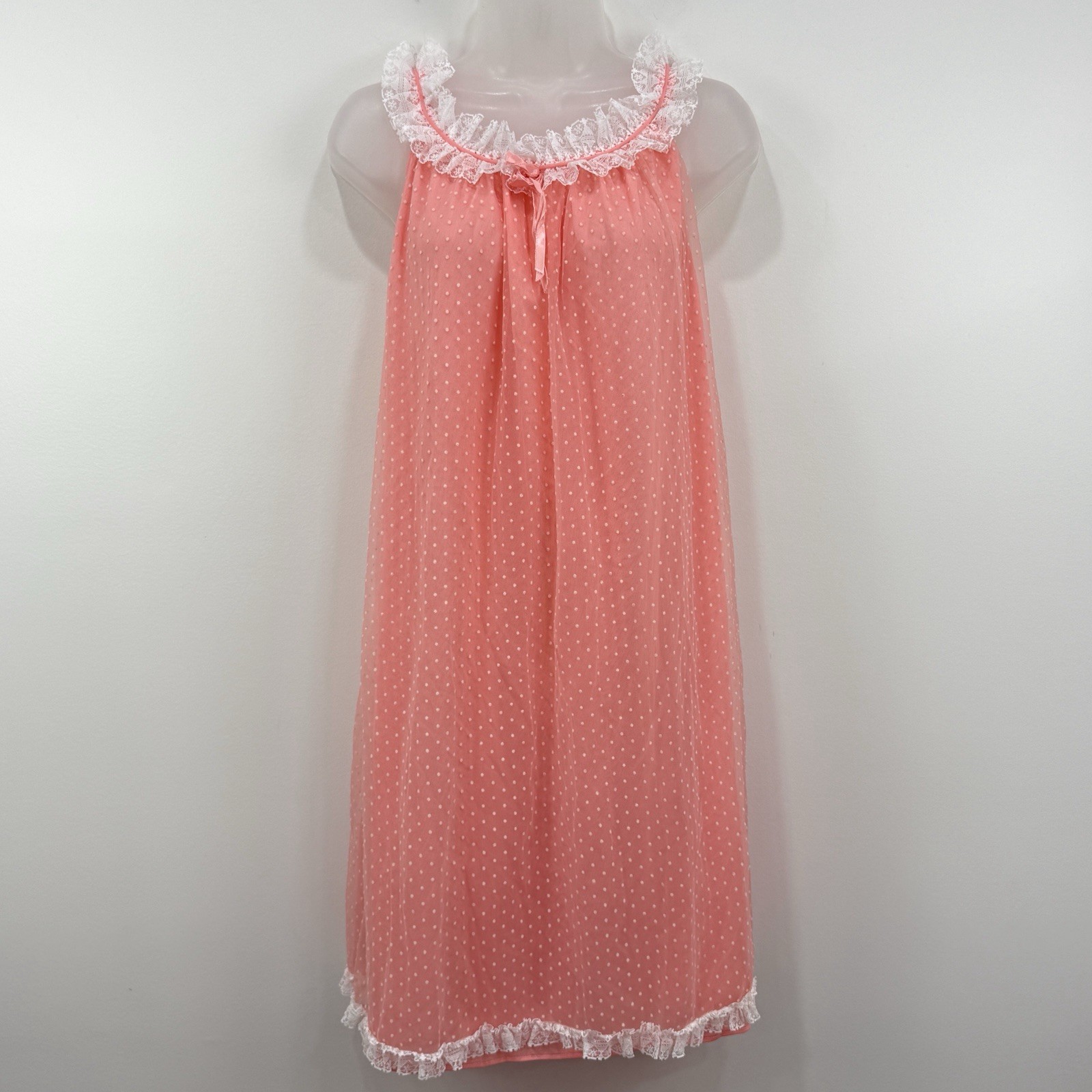 VTG 60s Berklift Babydoll Nightgown M Pink Polka Dot Lace Cottagecore Dainty USA