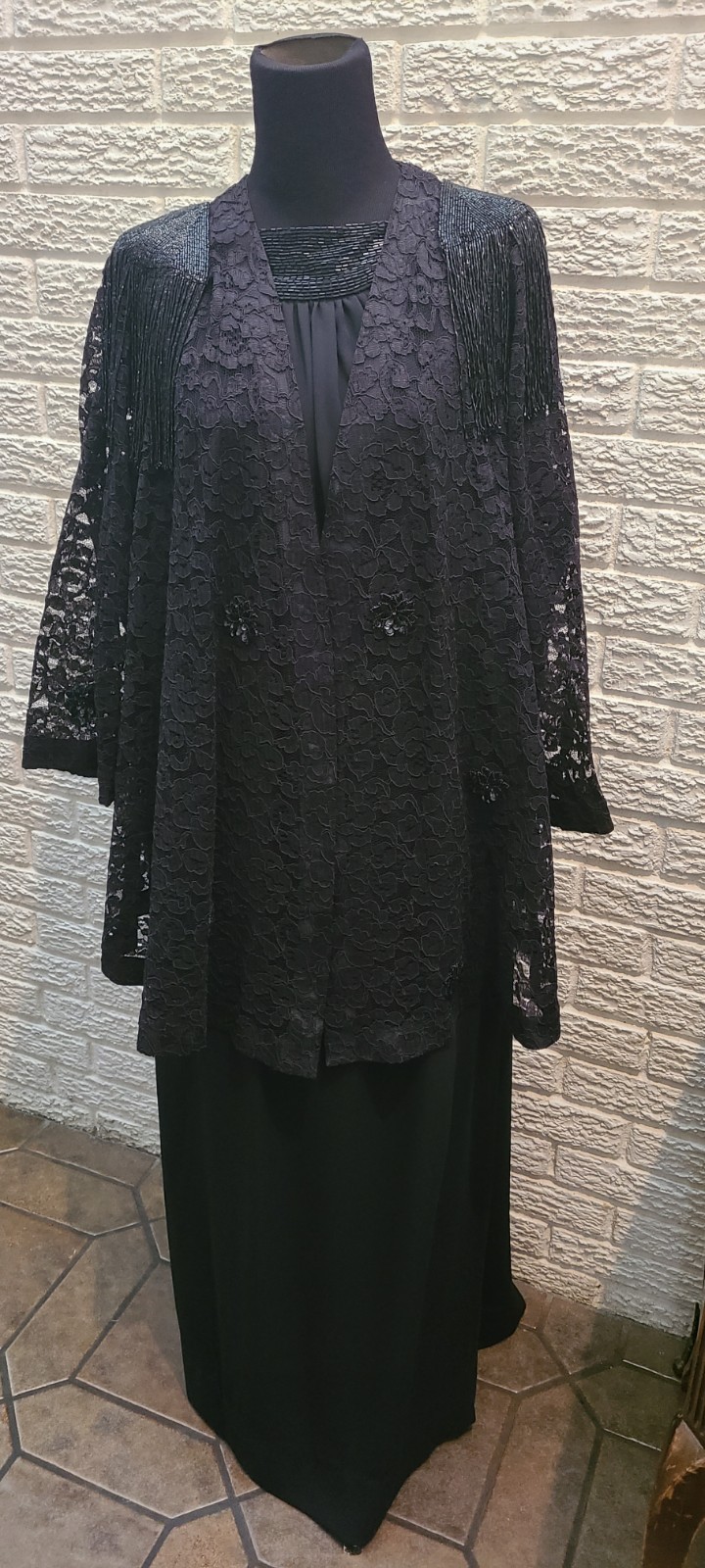 Chez California Vintage Black Lace Sequin Formal Jacket & Dress Set sz 24/54