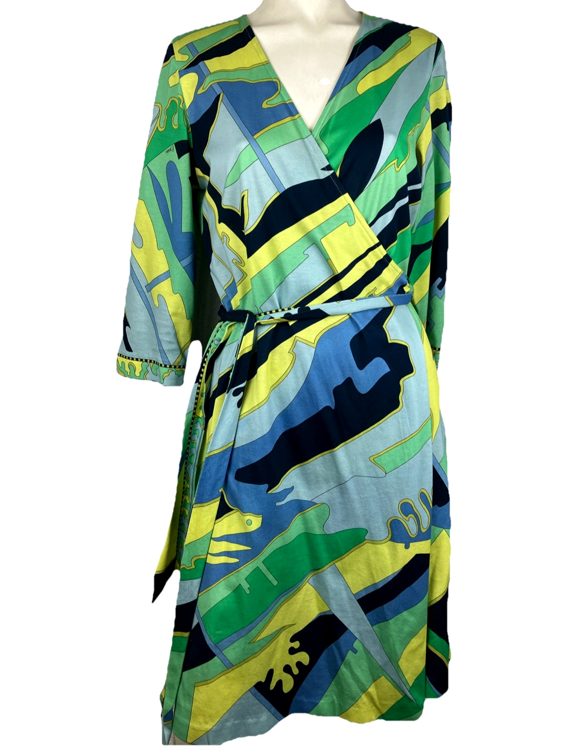 Vintage 90s Cotton Jersey Alvarado Bessi Wrap Belted Day Dress Op Art
