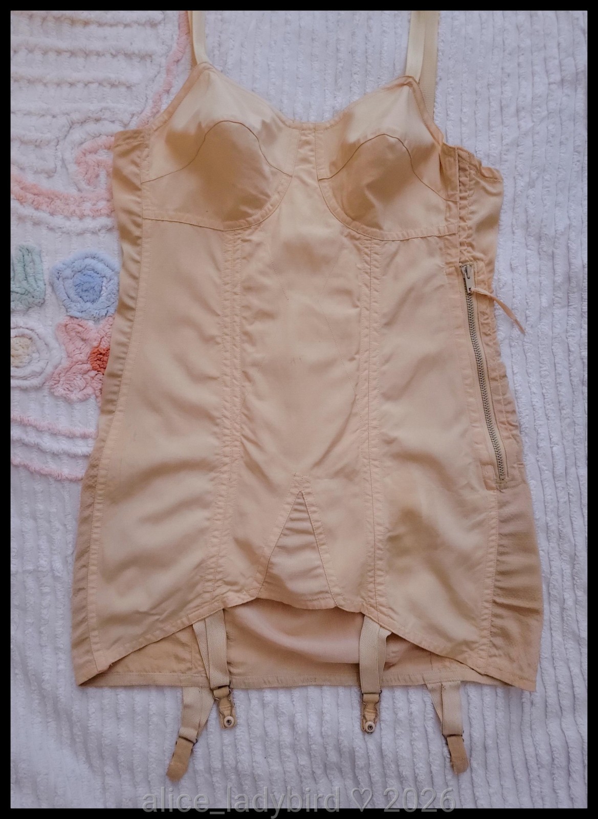 Vintage GIRDLE Corset BRA Garter Belt ZIP 30s Rubber Corselette OB Skirt L 38-40