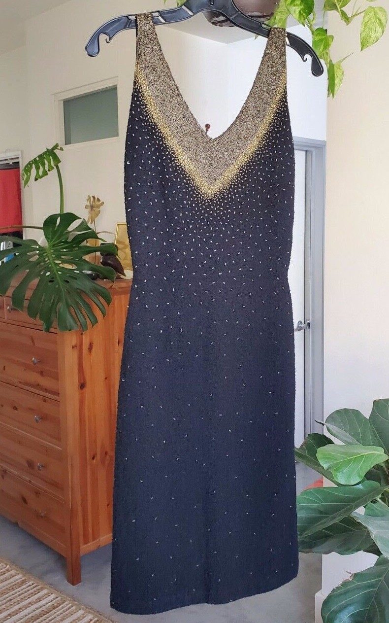 VTG 50s 60s Gene Shelly Marilyn Wiggle Wool Crepe Gown Beaded GLAMOR HOLLYWOOD