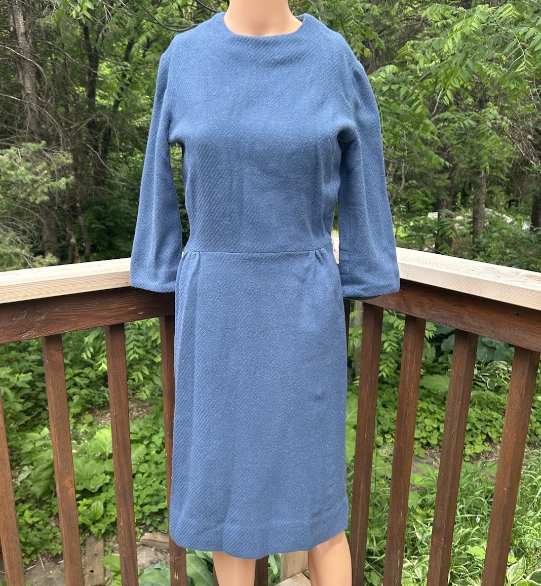 Vintage 50s Wiggle Dress Sz 30”w Blue Wool 1950s Long Sleeve Sheath Spring Read