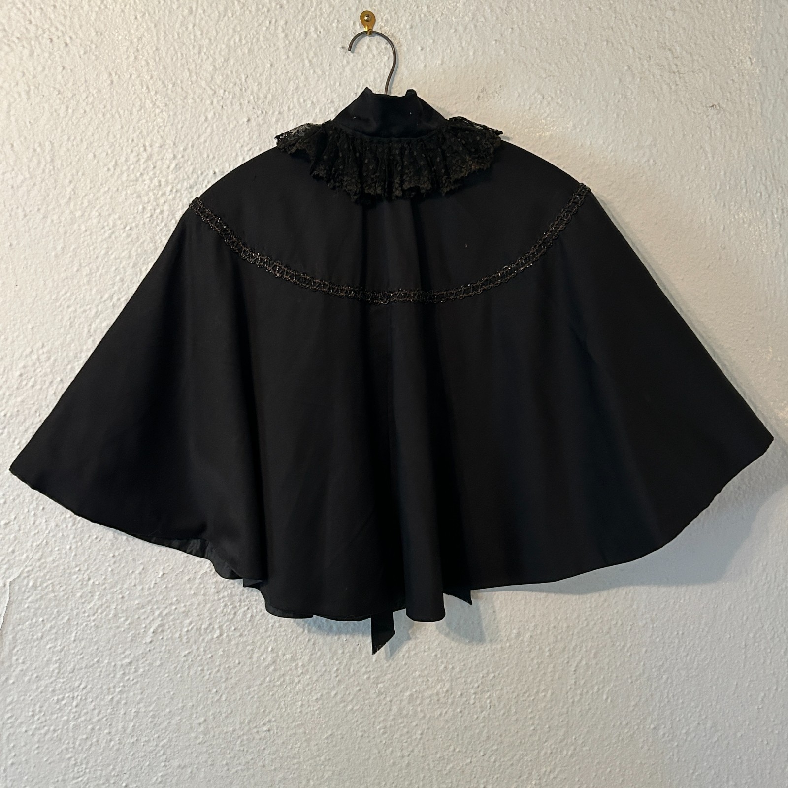 Antique Victorian Black Wool Beaded Evening Cape Capelet Cloak Mourning 1800s