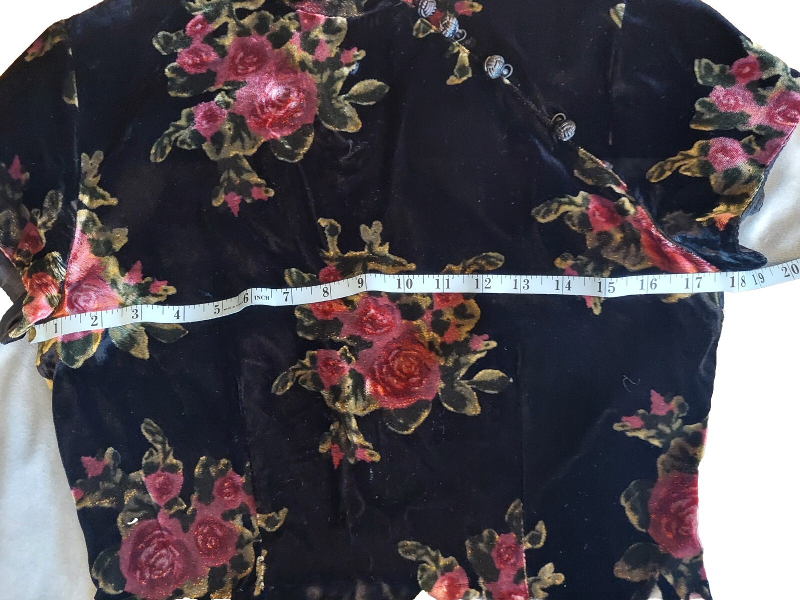 Vtg Long Black Floral Velvet Cheongsam Short Sleeved Sz 6 Erika Eriksson