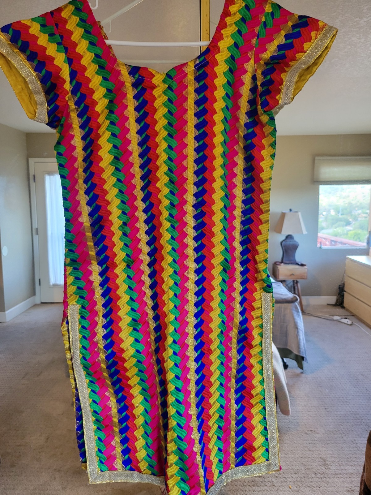 VINTAGE COLORFUL KAFTAN MINI DRESS MULTICOLOR WITH GOLD DETAILS SIZE M