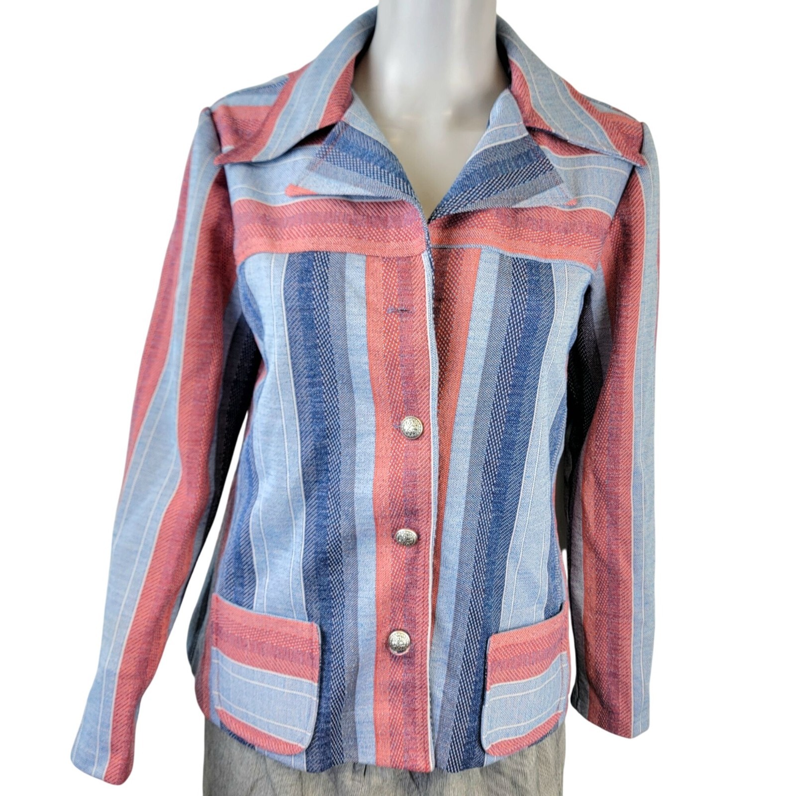 Vintage 70s Stripe Shirt Jacket Women Medium Pink Blue Collar Button Lightweight