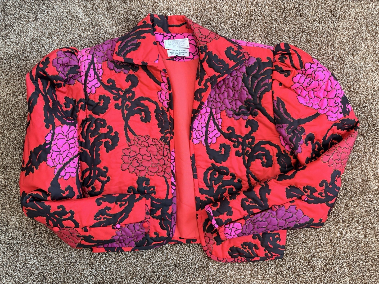 VTG 80S SILK QUILTED FLORAL BERGDORF GOODMAN CROPPED BOLERO JACKET