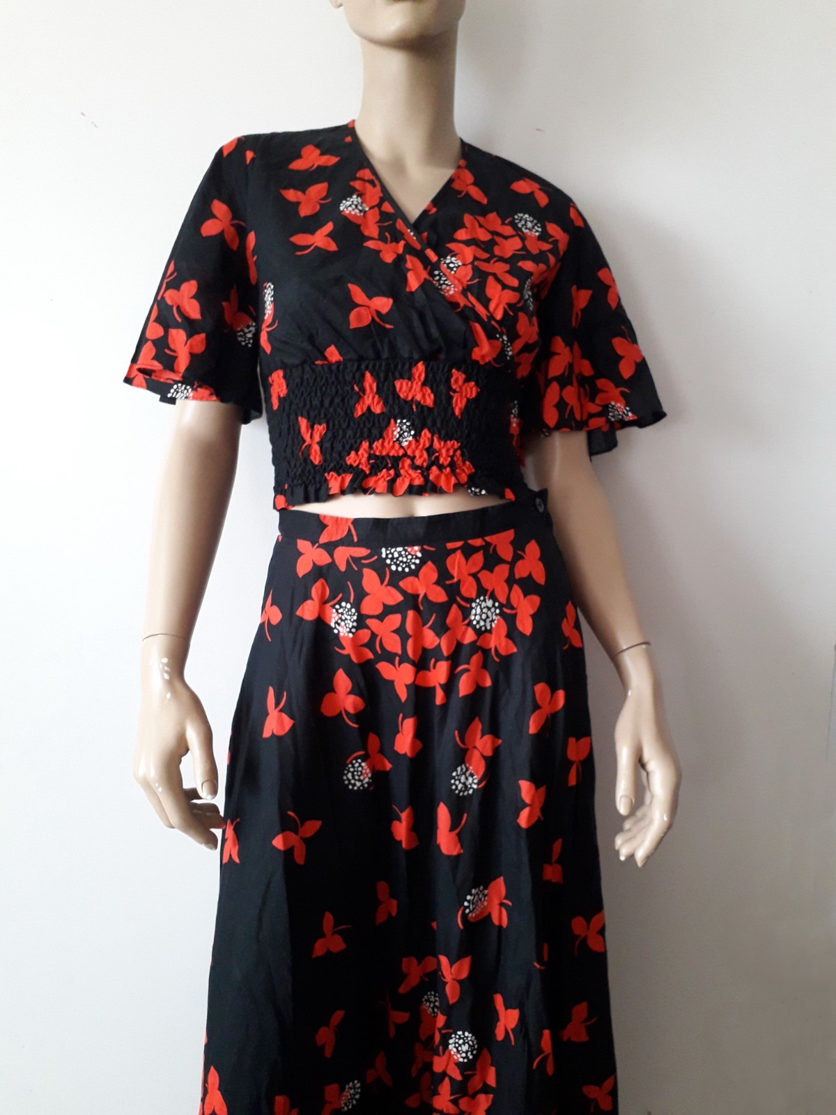 Finnish Vintage MERRY FINN Set Suit Top+Maxi Skirt Cotton Black Red 70s 80s