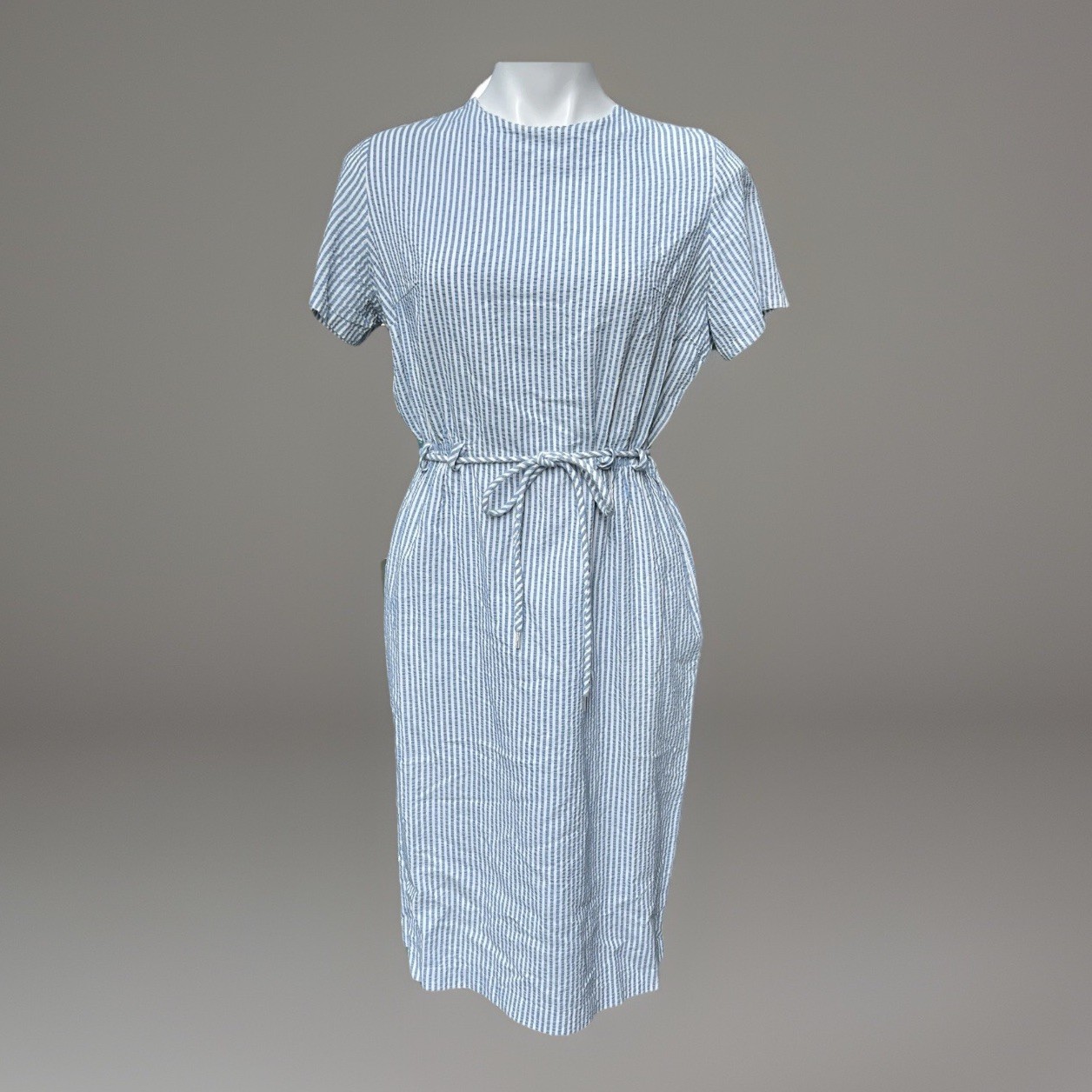 VTG Sears Dress Blue White Seersucker Belt Loops Short Sleeve Knee Length Med/L