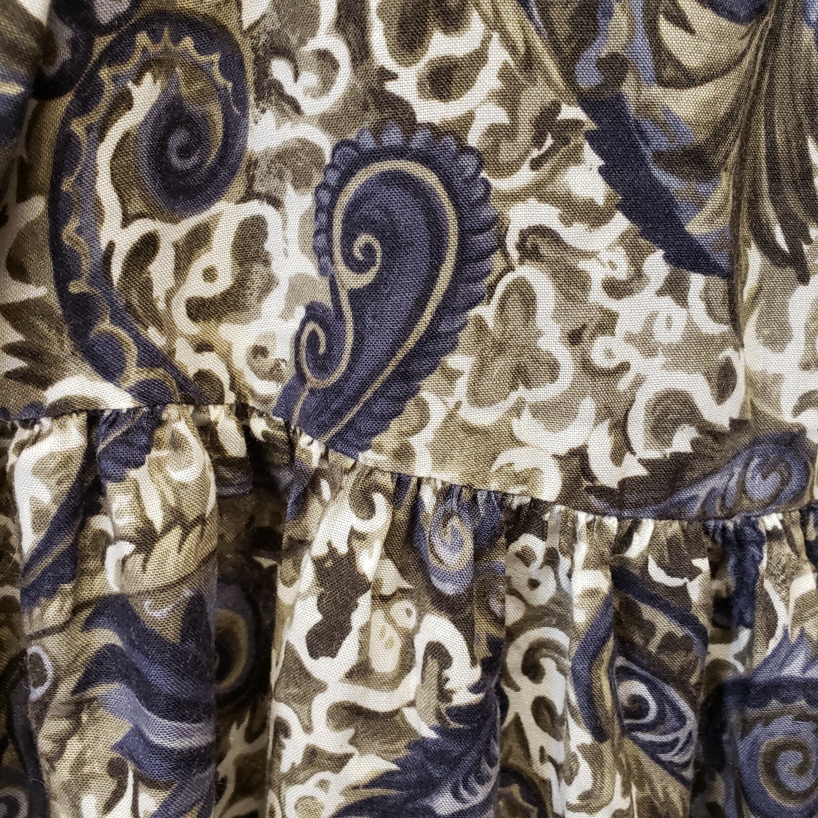 Vintage Lagenlook Maxi Dress Handmade Paisley Black Olive Tan Prairie Womens S