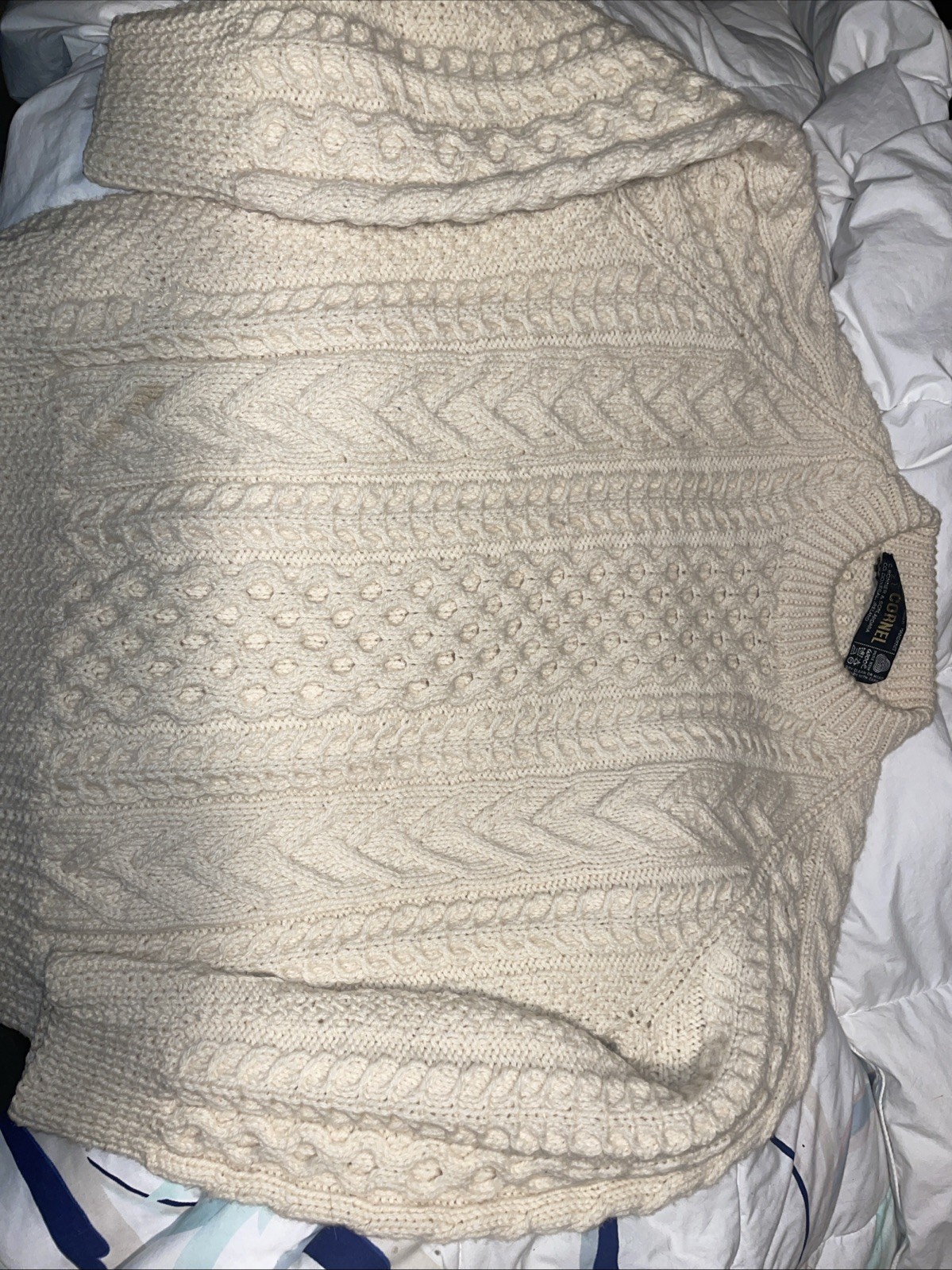 Cornel Irish Traditional Hand Knit Cream Wool Cable Knit Sweater 20×24”