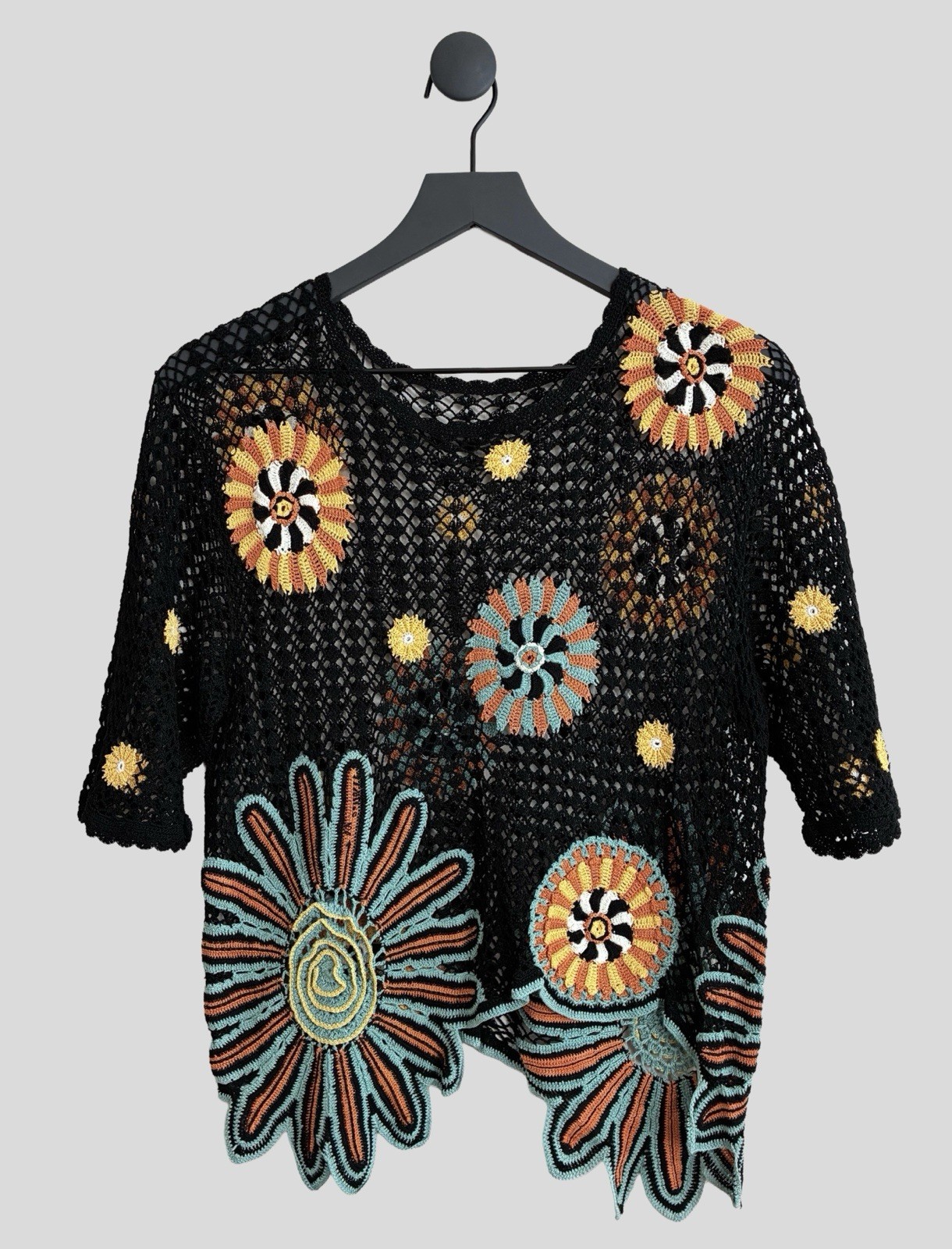 Vintage Crochet Black Multicolor Top Artsy Floral Bohemian Medium 90s Grunge