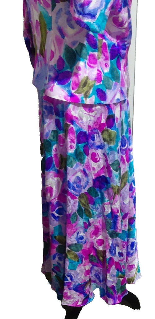 Adrianna Papell 2 PC 100% Silk Jacket & Long Skirt Pink Blue White Floral SZ 14