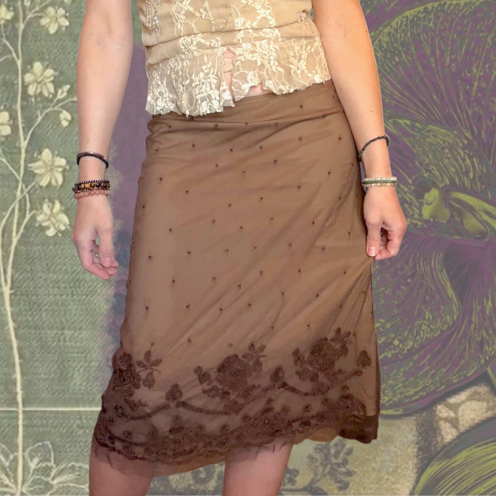 Y2K IBeaded Mesh Midi Skirt Brown Embroidered Fairy Goth Whimsigoth Boho Size 6