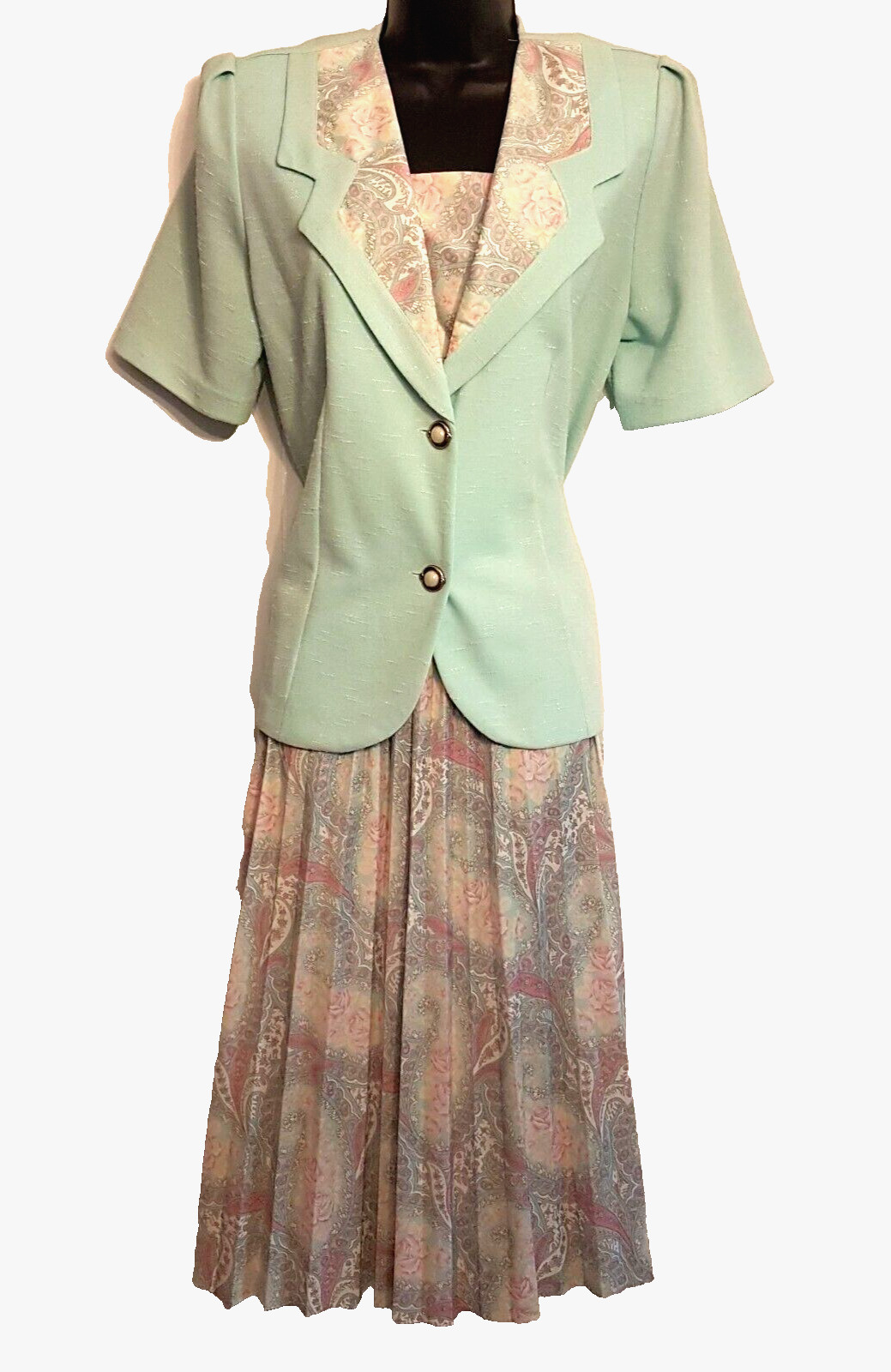 VTG Mint Green SKIRT SUIT size 12 Petite Textured Jacket & Pleated Paisley Skirt