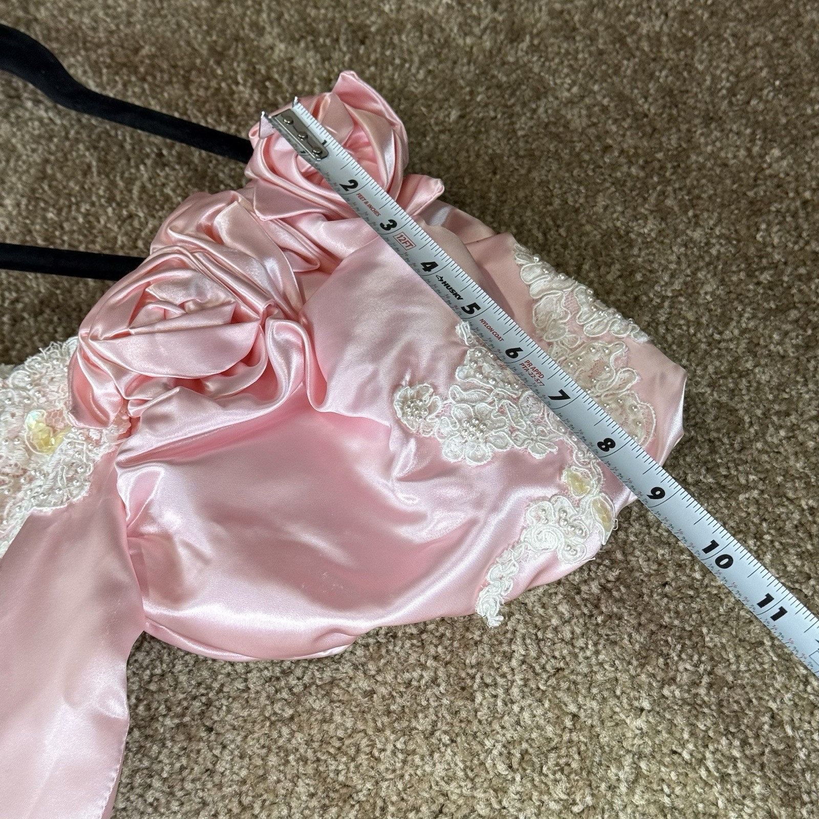 Vintage Pink Satin Gown With Beaded And Lace Details Ruffled Puff Sleeves Small