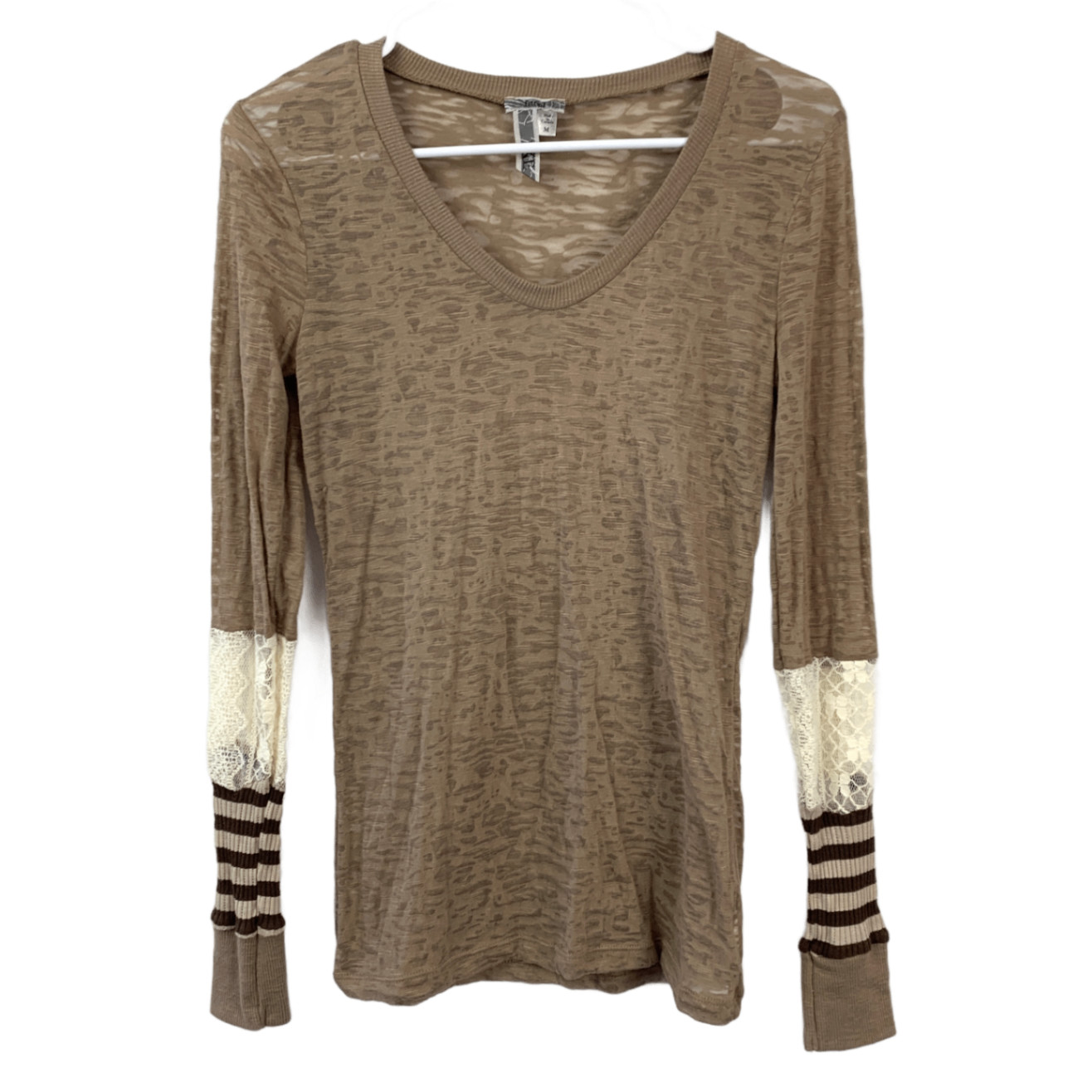 BKE Women’s Y2K Burnout V-Neck Long Sleeve Shirt Brown M Sheer Boho Lace