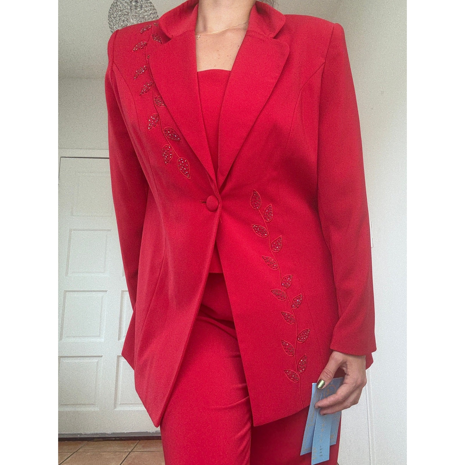 Faith Vintage Red Pant Suit Set Womens Size 14 Beaded Blazer Pants NWT